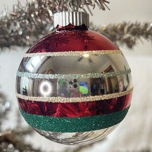 Radko Shiny Brite Glitter Striped Ornament Ball Red Green Silver White Matte Mcm